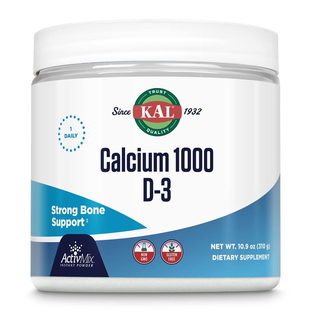 KAL Calcium Vitamine D-3 ActivMix, Powder Calcium Supplement, Bio available Calcium Lactaat en Gluconaat, Bone Health Support, Unflavored, Non-GMO, Glutenvrij, 60 dagen garantie, 31 porties, 10.9 oz