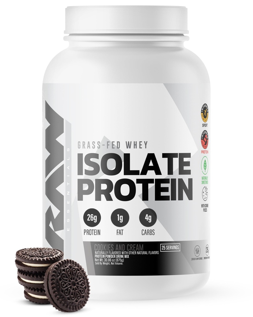 RAW Whey Isolate Protéine Poudre, Cookies N Crème - 100% herbe-Fed Sport Nutrition Protéine Poudre pour la croissance et la récupération musculaires - faible teneur en gras, faible teneur en glucides, naturellement aromatisée et sucrée - 25 portions