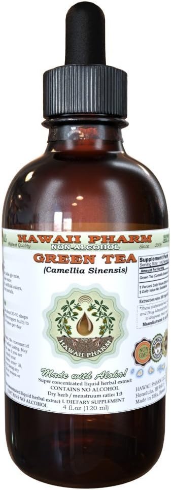 Hawaii Pharm Green Tea Extrait liquide sans alcool, Thé vert biologique (Camellia Sinensis) Feuille séchée Glycérite supplément à base de plantes naturelles 2 oz