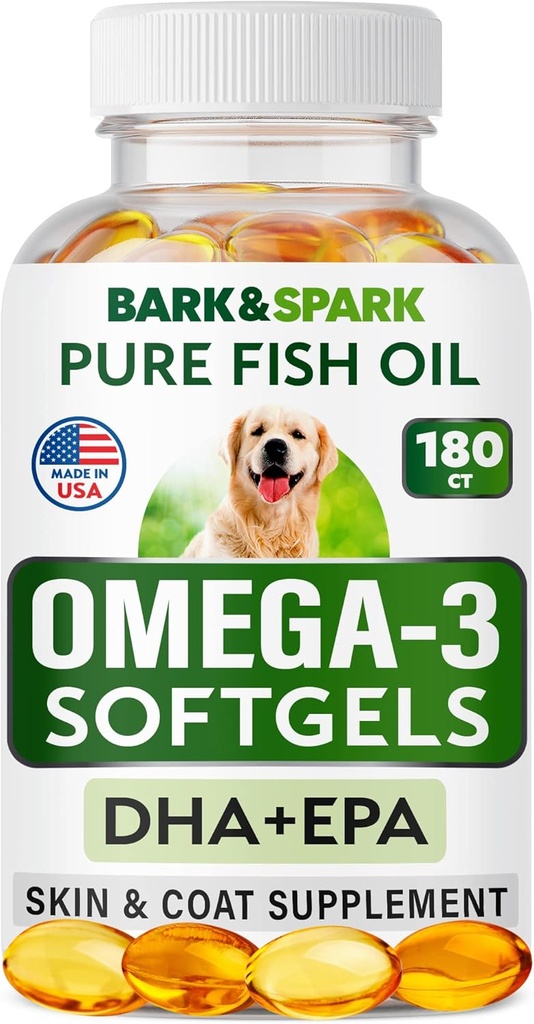 BARK&SPARK Omega 3 voor honden - 180 Visolie Softgels voor hondenvergieten, huidallergie, jeukrelief, hotspots behandeling - Joint Health - huid- en jassupplement - EPA & DHA vetzuren - zalmolie