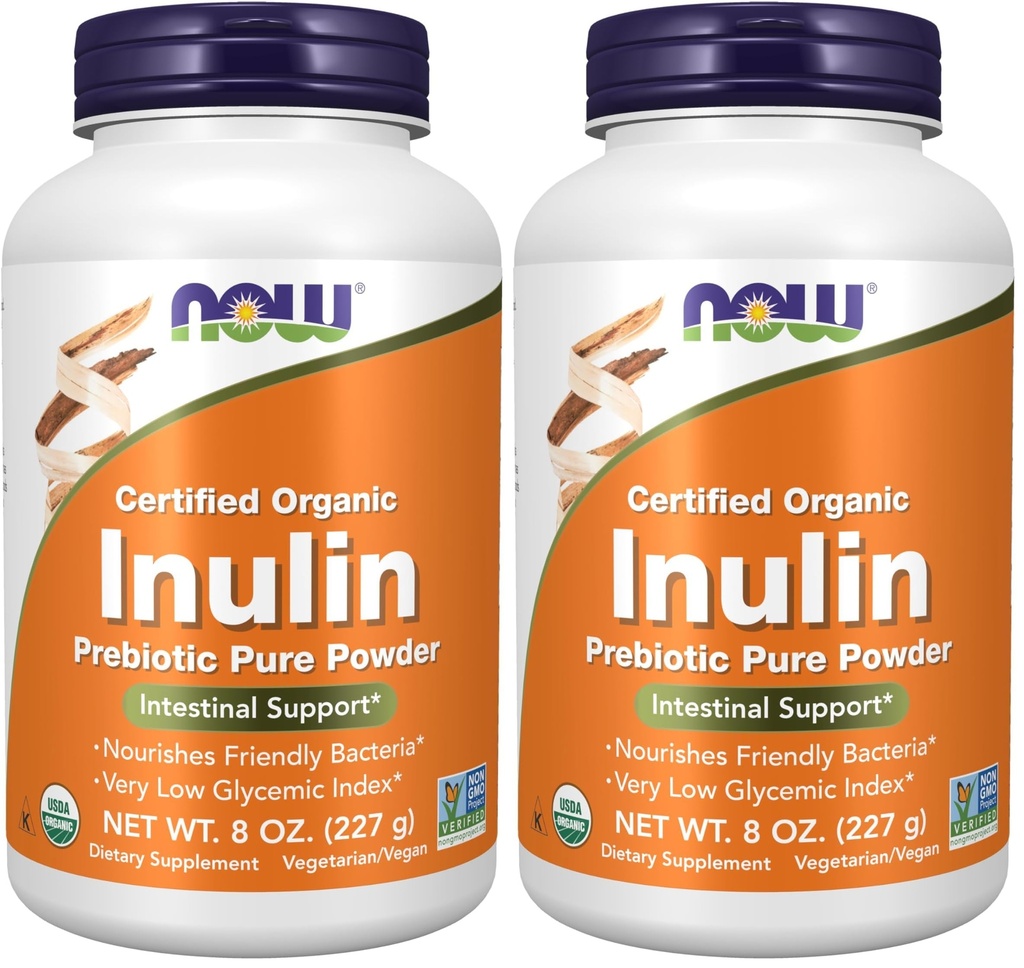 NOW Supplementen, Inulin Prebiotic Pure Powder, Certified Organic, Non-GMO Project Verified, Intestinal Support*, 8-Ounce (Pack of 2)