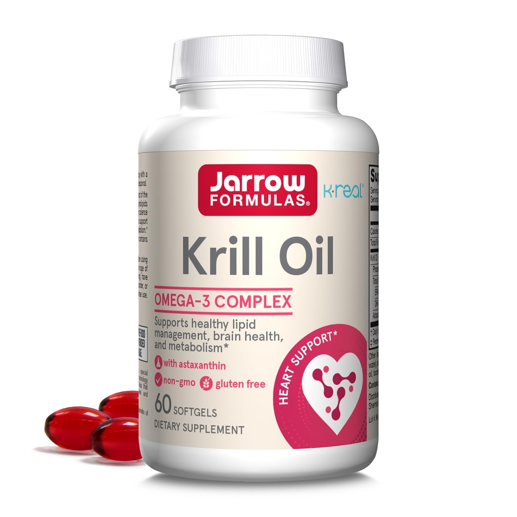 Formules de Jarrow Huile de krill - Complexe Phospholipide Omega-3 avec Astaxanthin - 60 Softgels - 30 portions - Soutient la gestion des lipides, le métabolisme, la santé cérébrale et cardiaque - EPA et DHA - Sans gluten - Non-OGM
