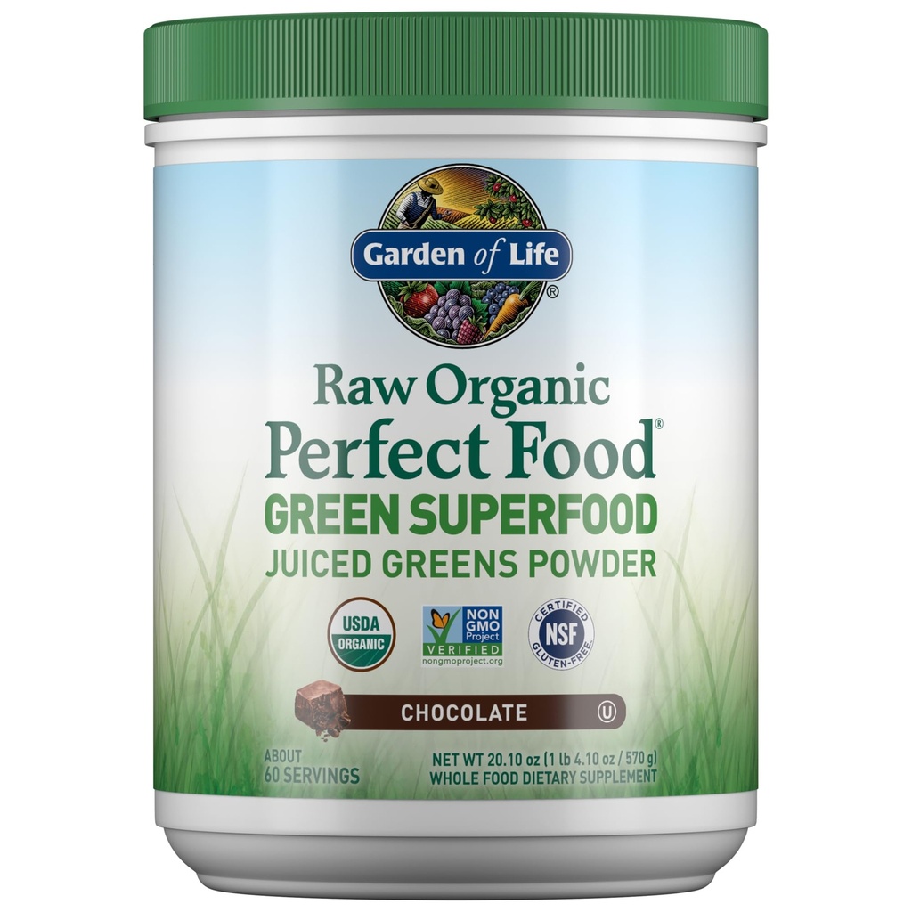 Garden of Life Raw Organic Perfect Food Green Superfood Juiced Greens Poudre - Chocolat, 60 portions, non-OGM, sans gluten, supplément alimentaire végétal entier plus probiotiques, enzymes