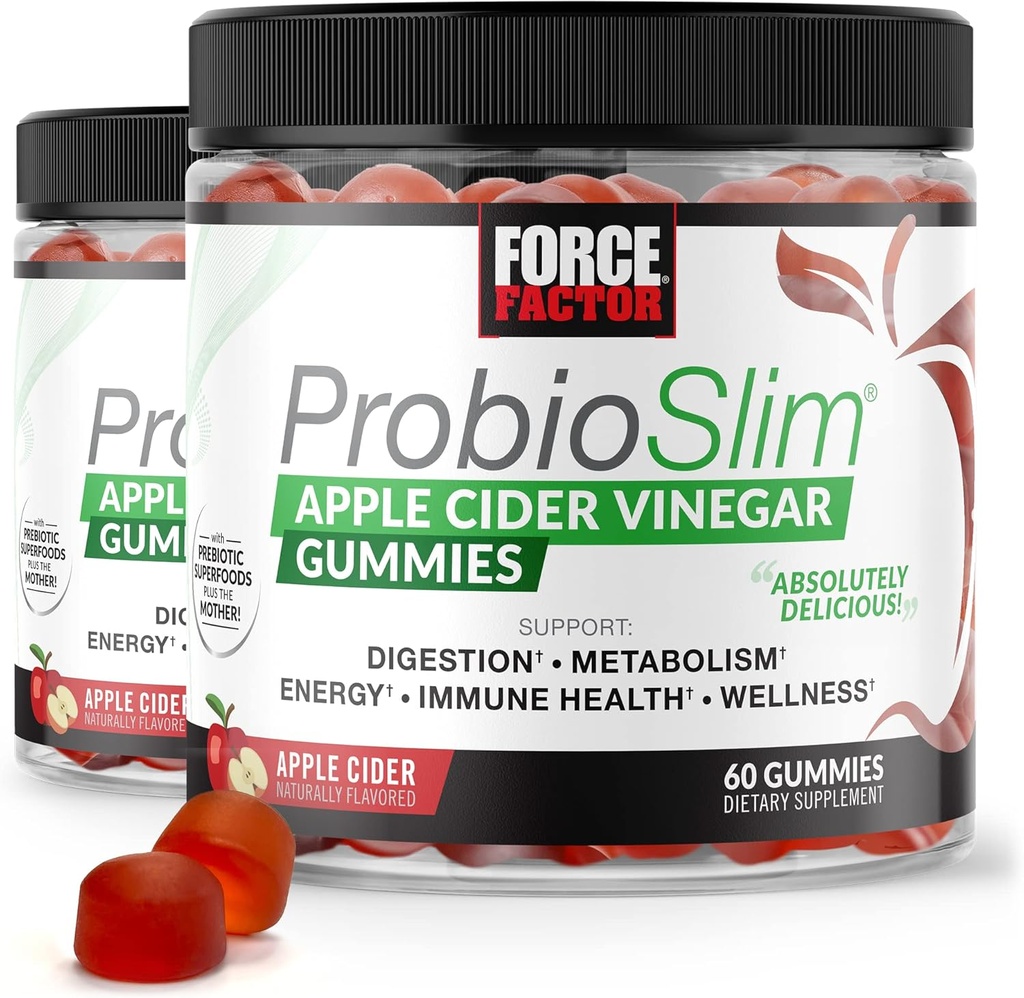 FORCE FACTOR ProbioSlim Apple Cider Vinegar Gummies, 2-Pack, met biologische Apple Cider Vinegar en LactoSpore Probiotica en Prebiotica ter ondersteuning van spijsvertering, Metabolisme, en Immune Health, 120 Gummies