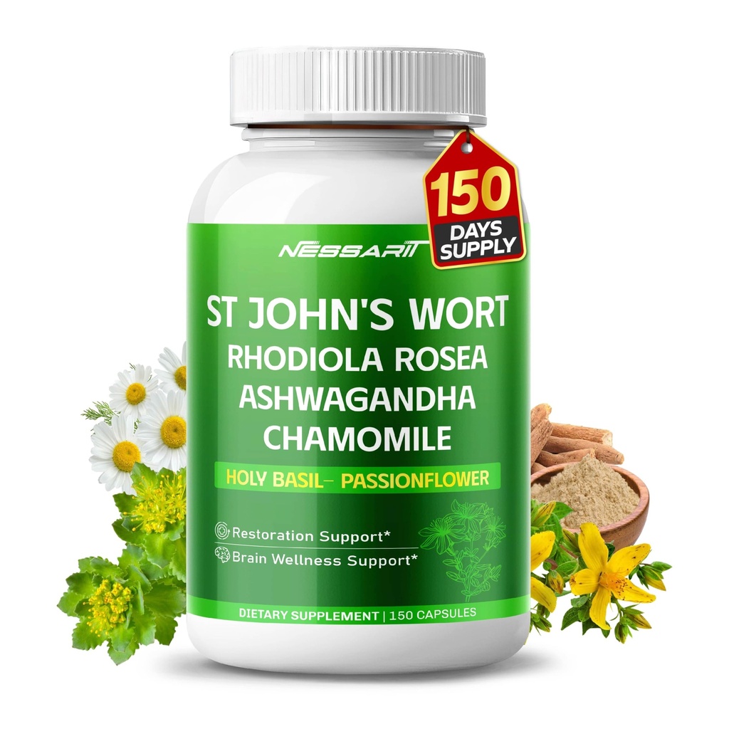 ST John's Wort 14-en-1 Mélange naturel avec Rhodiola Ashwagandha Camomile Saint Basile L-Theanine Valérien Passionflower - 150 comte - Fabriqué et testé aux États-Unis