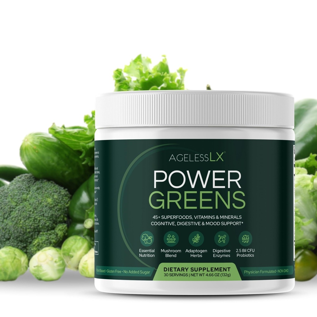 AgelessLX Power Greens, 42 Superfoods met Probiotica, Enzymen, en Prebiotic Fiber voor Enhanced Energy, Immunity & Digestive Health, 30 Servers