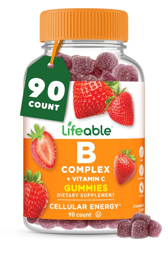 Gommies complexes de vitamine B à vie pour les adultes avec de la vitamine C. Grandes Gommies de vitamine B à dégustation pour l'énergie et le système nerveux.
