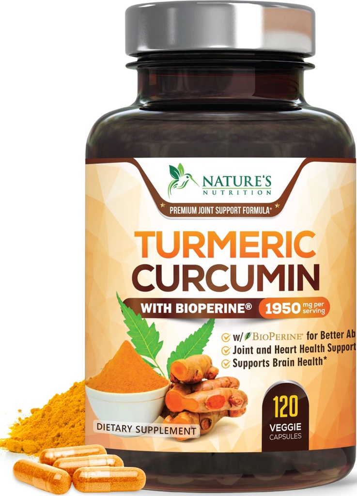 Kurkuma Curcumin Supplement 1950mg - 95% Curcuminoïden met Biologische Kurkuma & BioPerine Black Pepper Extract voor Beste Absorptie, Nature's Vegan Joint Support, Non-GMO, Gebotteld in de VS - 120 Capsules