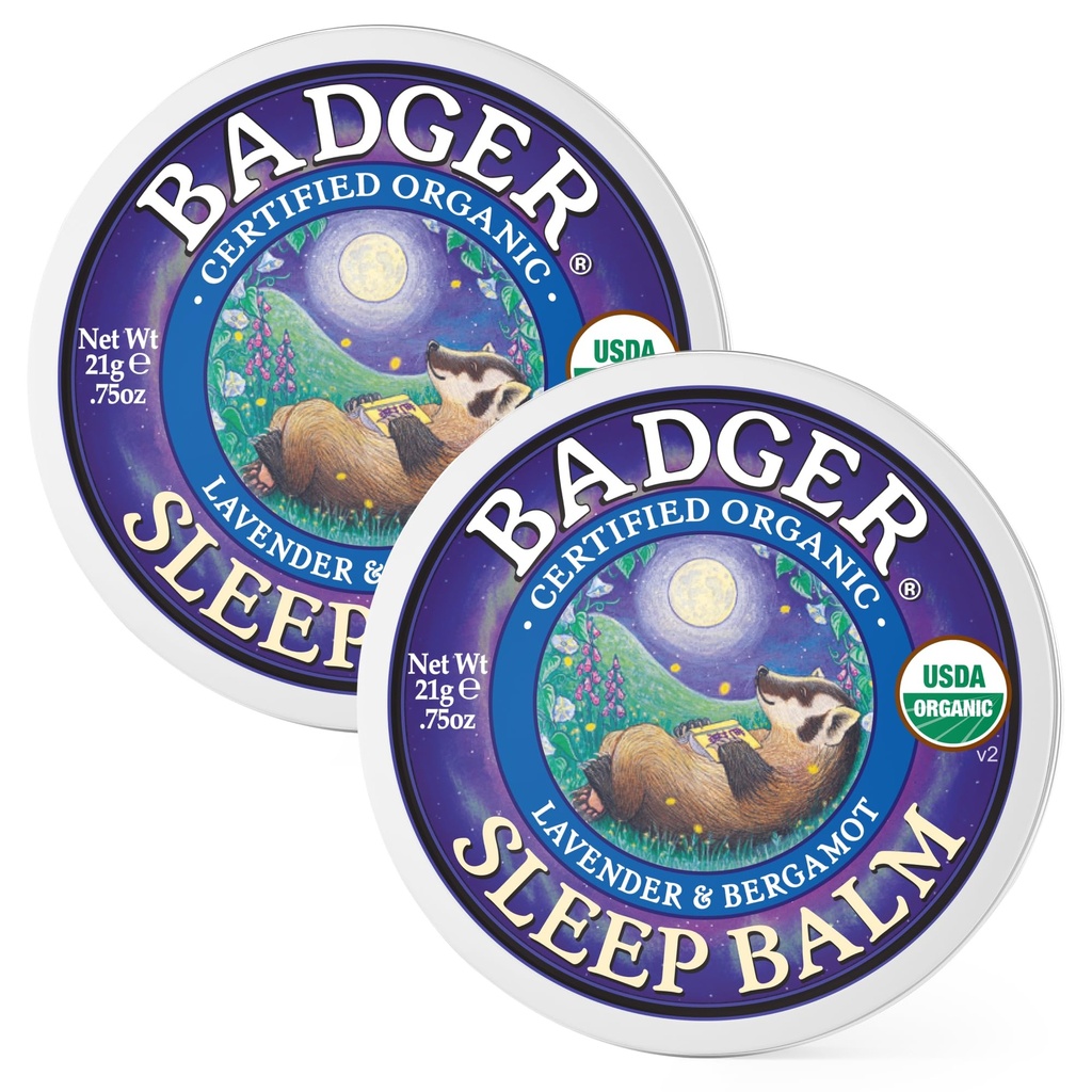 Badger slaapbalsem, biologische essentiële olie Aromatherapie Natuurlijke slaapbalsem voor volwassenen en kinderen, ontspannende en kalmerende Lavender & Bergamot natuurlijke slaapsteun, .75 oz Tin, 2-pack