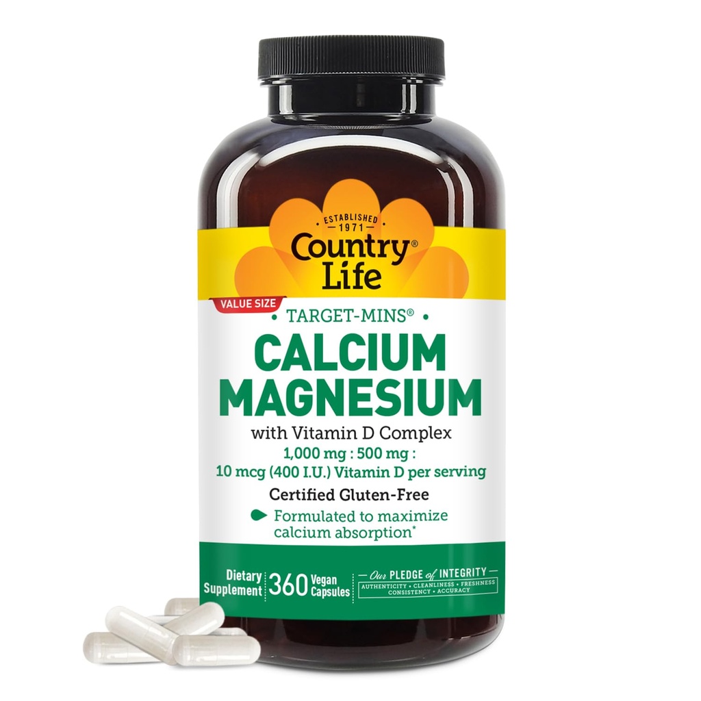 Country Life Cible-Mins Calcium Magnésium avec vitamine D-Complex, 1000mg/500mg/10mcg, 360 Capsules Vegan, Certifié sans gluten, Vegan certifié, Vérifié non-OGM Vérifié...