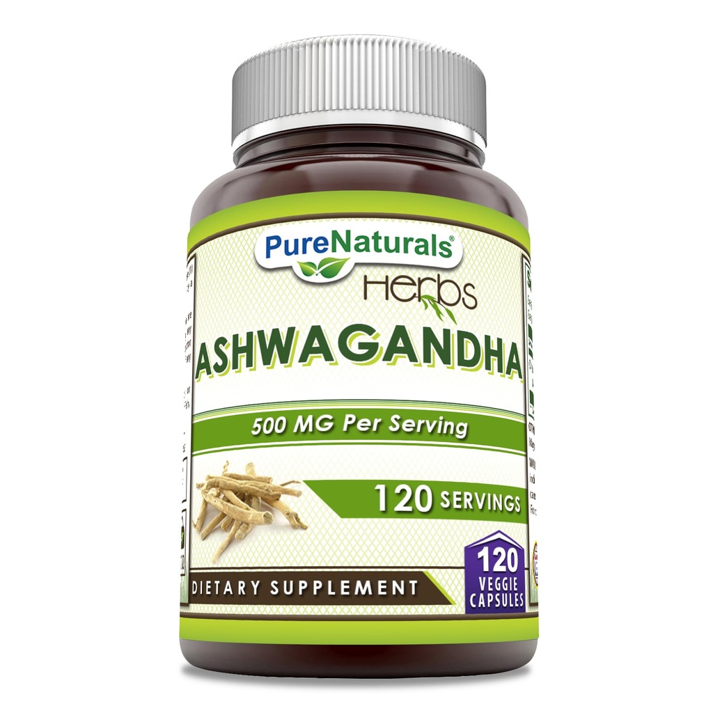 Pure Naturals Ashwagandha 500 Mg per Serving 120 Veggie Capsules Supplement 