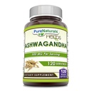 Pure Naturals Ashwagandha 500 Mg per Serving 120 Veggie Capsules Supplement 