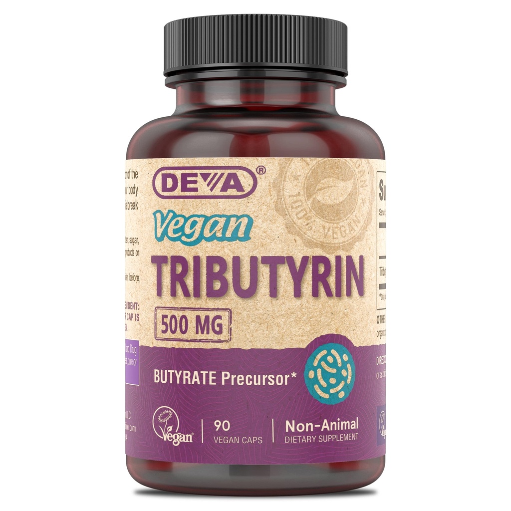 DEVA Vegan Tributyrine Supplément - Précurseur de Butyrate, Support de la barrière de Gut, Acide Butyrique, Capsules Vegan 500 MG, Support de Gut Leaky, Digestion, 90 Compte