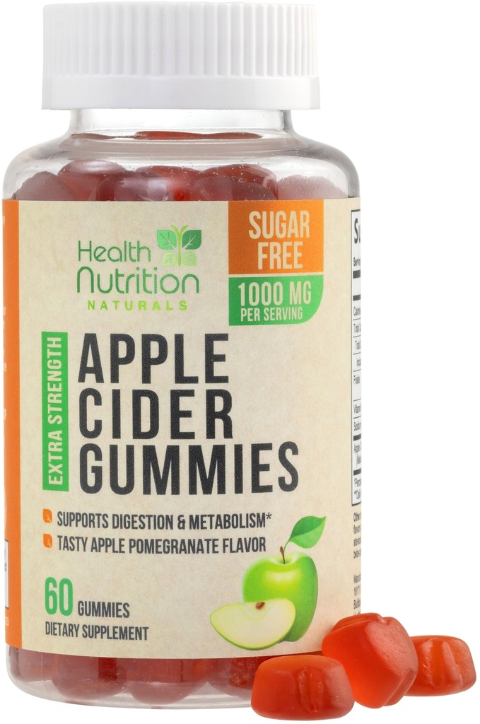 Apple Cider Vinegar Gummies 1000mg - Max Strength Sugar Free ACV Gummy Vitaminen, Ondersteunt Metabolisme & energie, Keto vriendelijk, Vitamine B12, Gelatine-vrij, Glutenvrij, Veganistisch & Non-GMO - 60 Gummies