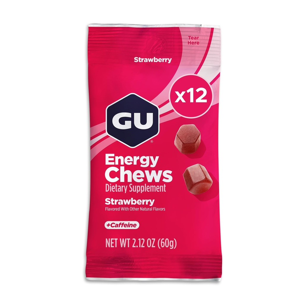 GU Energie Kauwen, Aardbei Energie Gummies met Elektrolyten, Vegan, Gluten-vrij, Kosher, 20 mg Cafeïne, en Dairy-Free On-the-Go Energie voor elke training, 12 Zakken (24 Servings Totaal)