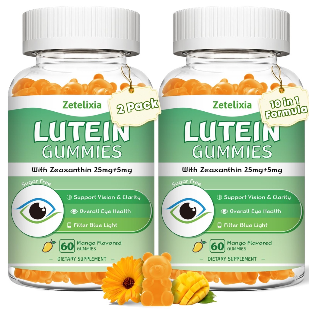 2 Pack Lutein Gummies 25mg, Sugar Free Lutein Zeaxanthine Supplementen Gummies, Eye Health Supplement voor volwassenen, Oogvitaminen Lutein voor Vision en Blauw Licht Bescherming, Mango smaak, 120 Tellen