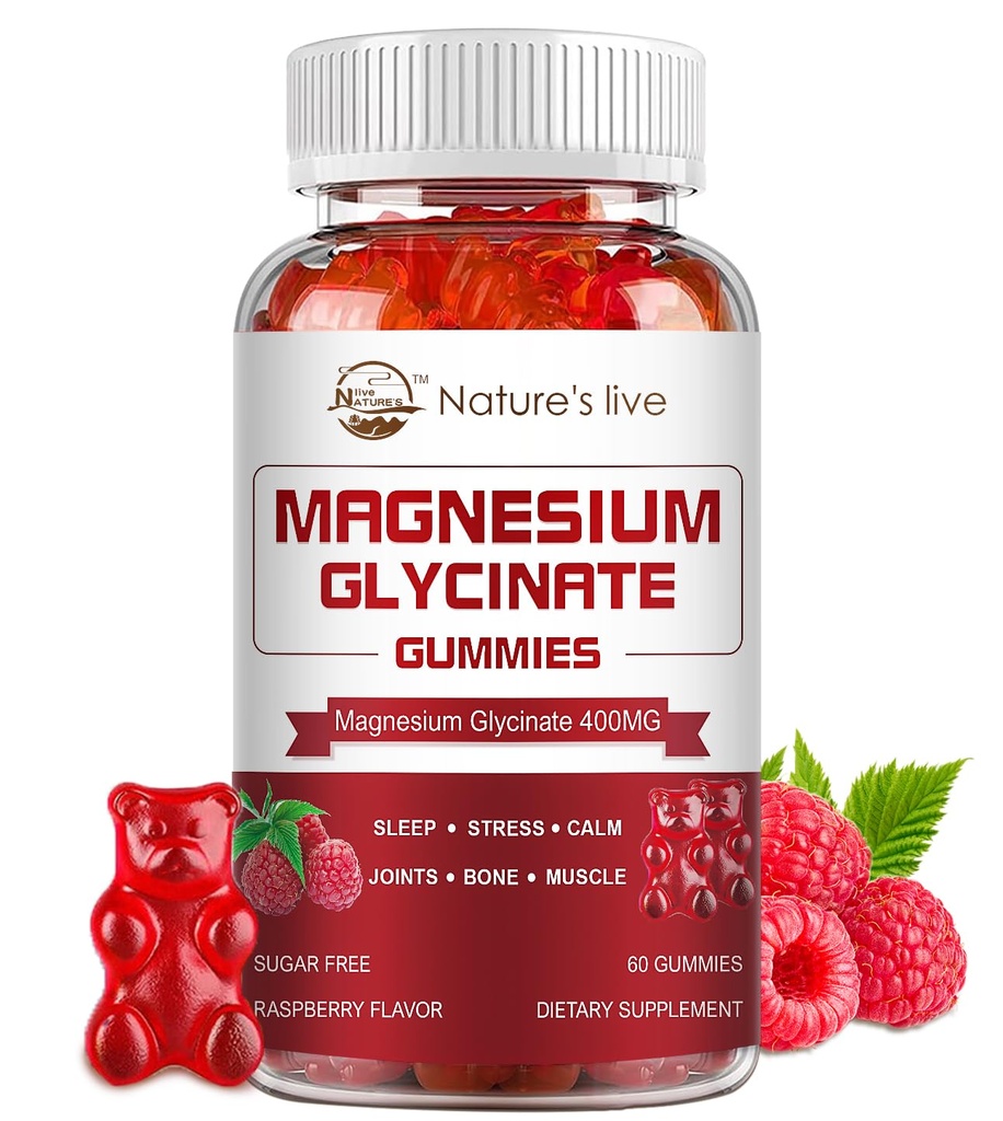 Glycinat de magnésium, supplément de magnésium sans sucre avec Glycinat de magnésium 400mg, L-Thréonate de magnésium 200mg pour l'humeur calme, les muscles, les os et le sommeil pour les adultes, 60 Gommies de framboises