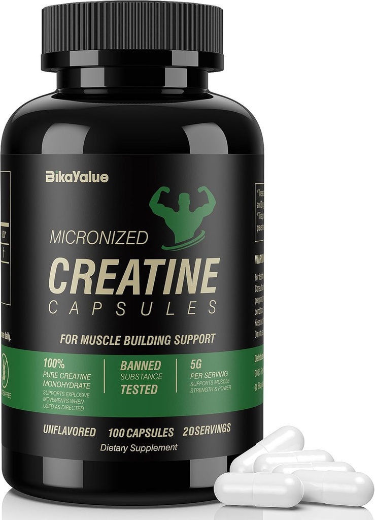 Gemicroniseerde Creatine Monohydraat Capsules, Creatine Capsules Supplement voor spier, sterkte, prestaties, energie, herstel, Glutenvrije Creatine voor vrouwen en mannen, 100 capsules (20 porties)