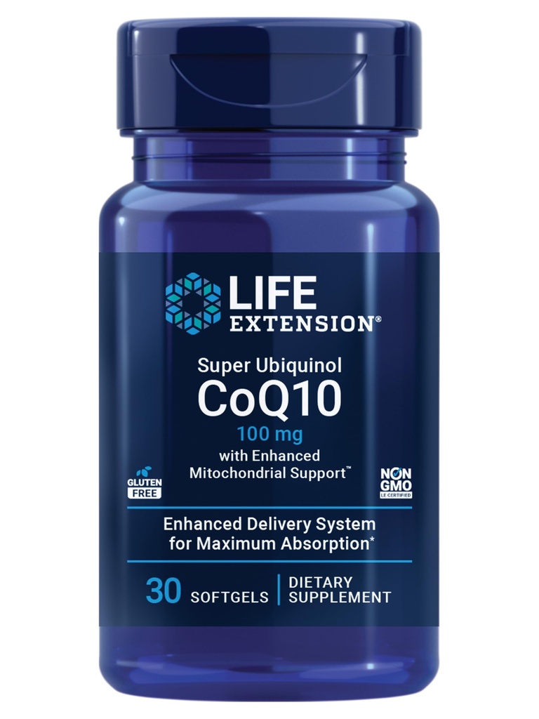 Life Extension Super Ubiquinol CoQ10 avec support Mitochondrial amélioréTM, supplément santé cardiaque, absorption maximale, 100 mg, non-OGM, sans gluten, 30 softgels