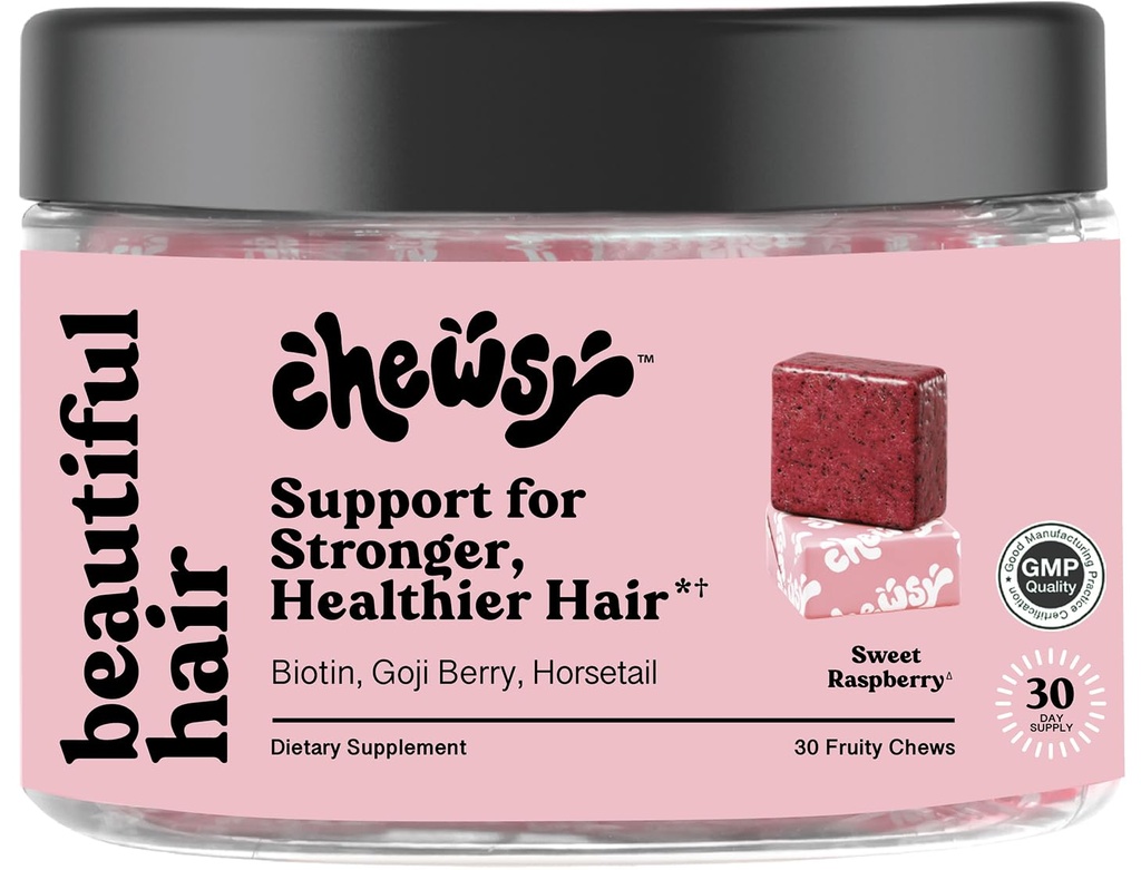 Kauwgom - Mooi haar - Ondersteuning voor sterkere, gezonde haren - met Biotine, Horsetail Extract, Goji Berry & Vitaminen - Zoete Raspberry, 30-dagen levering