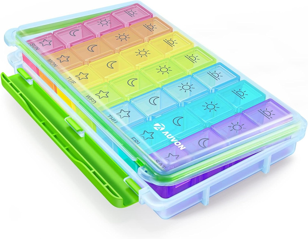 AUVON iMedassist Vocht-Proof Wekelijkse pil Organisator 4 keer per dag, grote 7 dagen pildoos Draagbaar voor reizen met verwijderbare individuele pil containers om vitamines, supplementen en medicijnen vast te houden