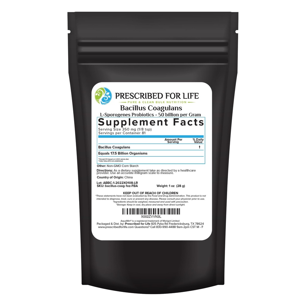 Voorgeschreven voor het leven Bacillus Coagulans Poeder, Lactobacillus Supplement voor Gut Health Support, Temperatuur en Plank Stabiele Probiotica, L. Sporogenes (50 Miljard/Gram) (1oz / 28g)