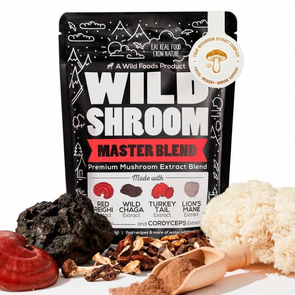 Aliments sauvages Mélange de champignons sauvages Supercharged Reishi, Chaga, Cordyceps, Turkey Tail et Lion - 4Oz Pack- Réducteur de stress adaptogène pour une plus grande clarté mentale-Nootropic Liquid Blend pour le café