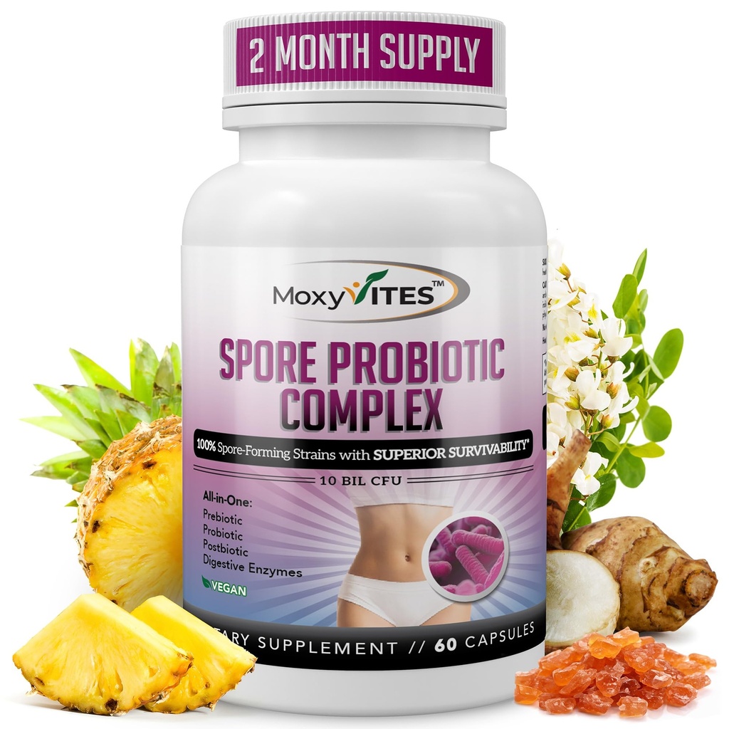 MoxyVites Spore Probiotic Complex - Alles in één Prebiotica en Probiotica voor de spijsvertering gezondheid, Postbiotica, Digestieve Enzymen Dagelijkse Supplement - Spore gebaseerde Probiotica voor vrouwen en mannen