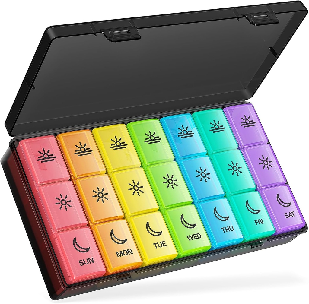 BUG HULL pil Organizer 3 keer per dag, Grote Weekly Medicine pil Organizer 3x per dag, 7 dagen pil Box Cases Morning Noon Avond voor Vitamine, Cod-Liver Oil, Supplementen (Rainbow Black)