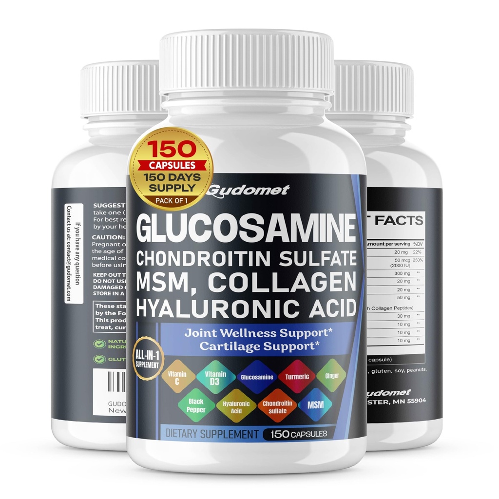 Glucosamine Chondroitinsulfaat Methylsulfonylmethaan Hyaluronzuur Turmeric Gember Vitamine C, D3, Black Pepper -150 Capsules- Made in USA