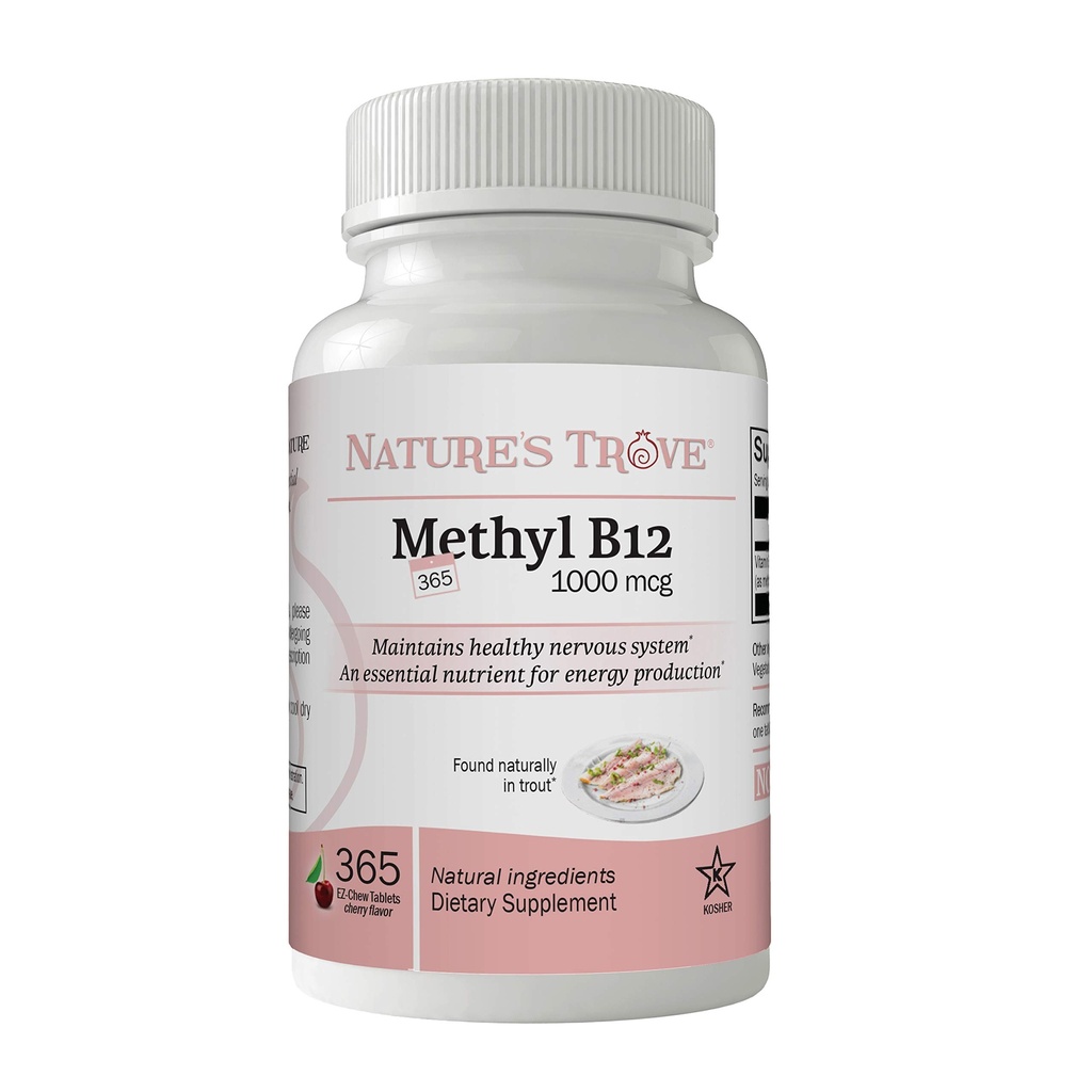 Nature's Trove Vitamine B12 Methylcobalamine 1000 mcg, 365 Tel, B12 Kauwbare Vitaminen, Kersen smaak