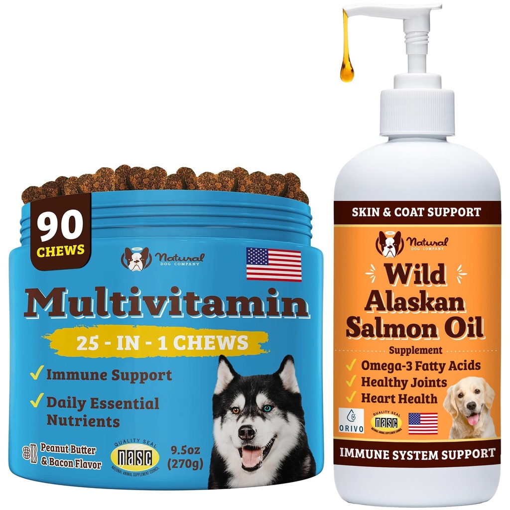 Natural Dog Company Wellness Bundle voor honden, zalmolie voor honden, multivitamine en supplement, Itch Relief