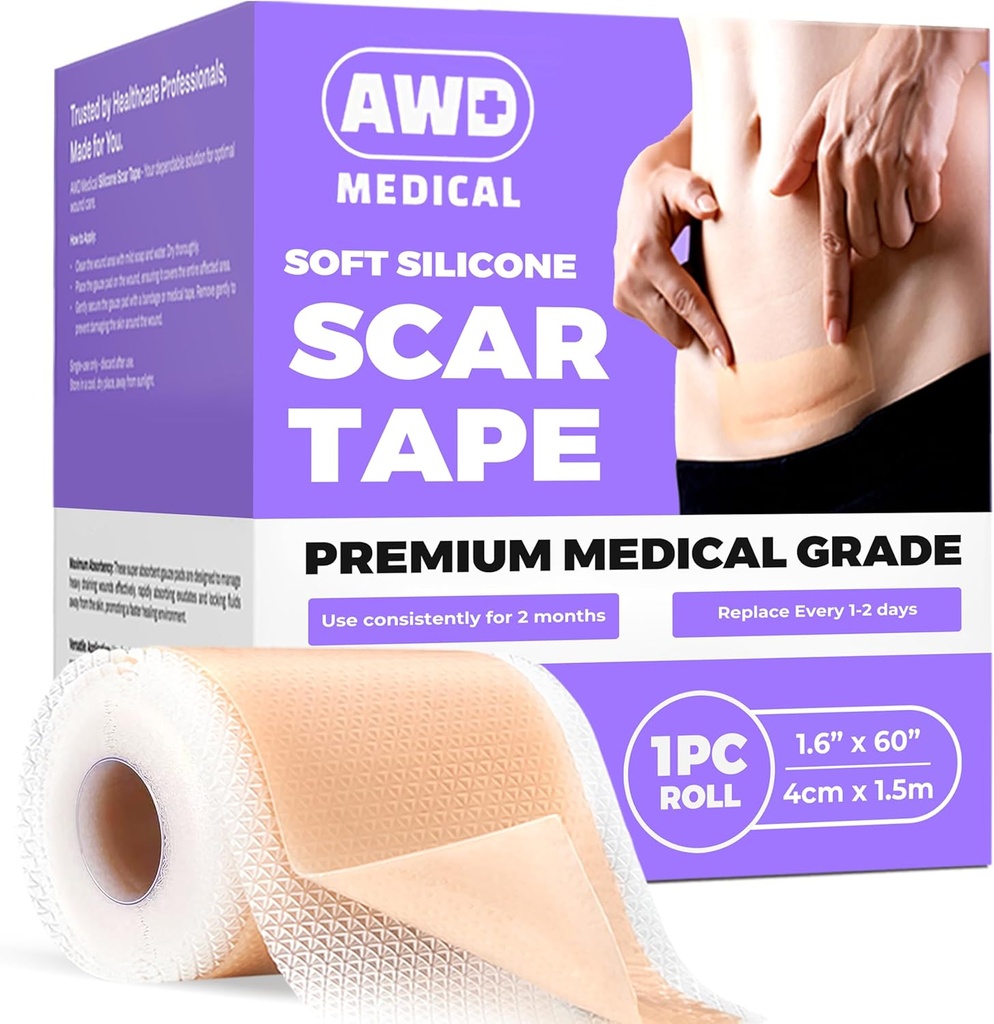 AWD Siliconen Scar Sheets voor chirurgische littekens - Naadloze Medische Grade Siliconen Scar Tape voor C sectie, Tummy Tuck Tape - Siliconen huid Patches na Chirurgie Must Haves (1.6" x 60" Naadloze Roll)