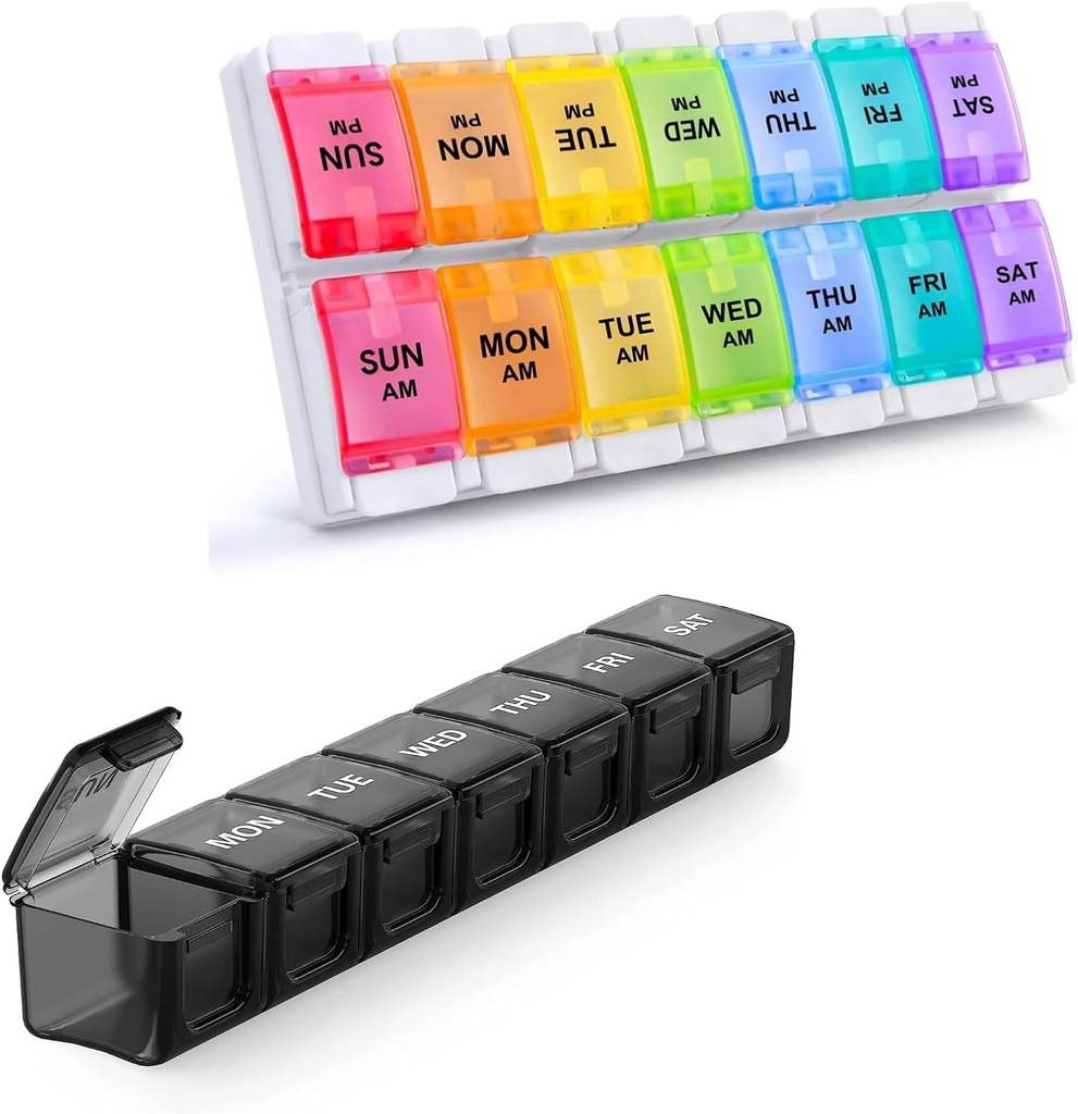 2 Pack Weekly pil Organizer, Sukuos Large Daily Pill Case 7 Dag voor pillen/Vitamine/Visolie/Supplements, BPA Free Medicine Organizer Box