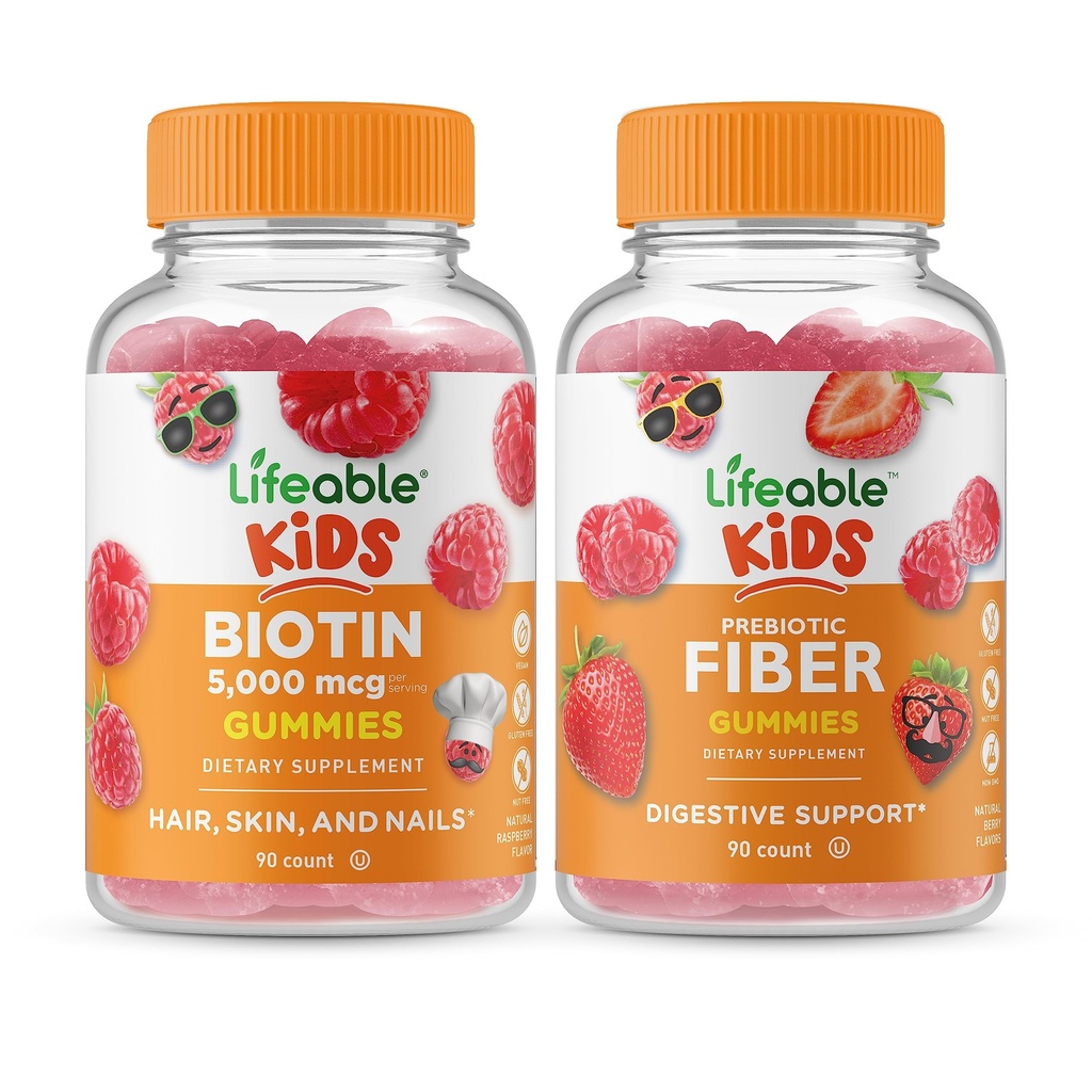 Lifeable Biotin Kids + Prebiotic Fiber Kids, Gummies Bundle - Grote Proeverij, Vitamine Supplement, Glutenvrij, GGO-vrij, Kauwbare Gummy