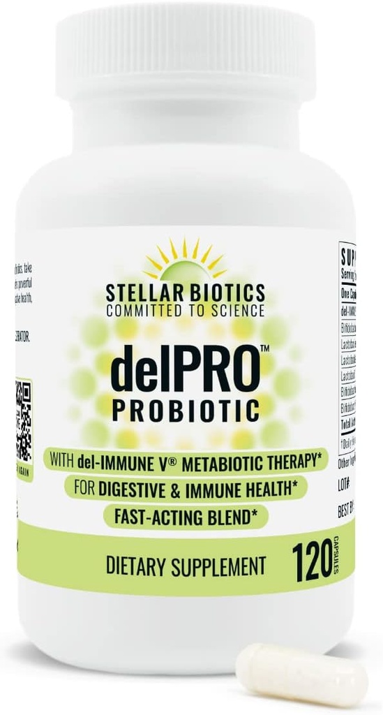 Del-Immune V® + Delpro Probiotic & Prebiotic Blend by Stellar Biotics - Bevordert optimale Gut Health, Digestie, Immune Support & Mood (120 capsules)