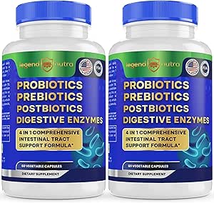Probiotics + Prebiotics Postbiotics Digestive Enzymes = 4 in 1 Formula Supplement for Better Digestion Health Women, Men and Gut, 2-Pack, 120 Count