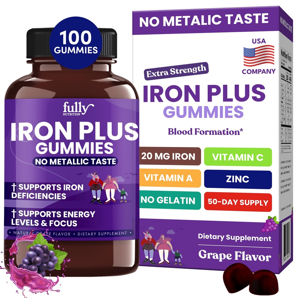 IJzeren Gummies Supplementen voor vrouwen, mannen en kinderen gezondheid Bloed en energie Ondersteuning voor ijzertekort, bloedarmoede, geen na smaak- verse druivensmaak- 100 Gummies (50 dagen levering)