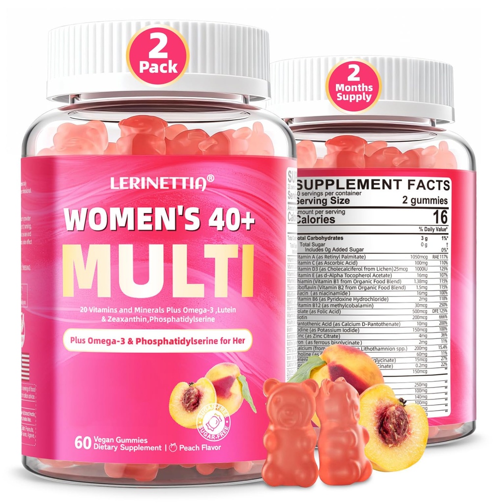Multivitamine pour les femmes Gommies pour 40+ avec Oméga-3, Niacinamide, B-Complex, Lutéine, Fer, Choline, Phosphatidylsérine, Vitamine D3 pour la peau, les cheveux, l'énergie, Immune, os - végétalien, sans sucre, 120Cts