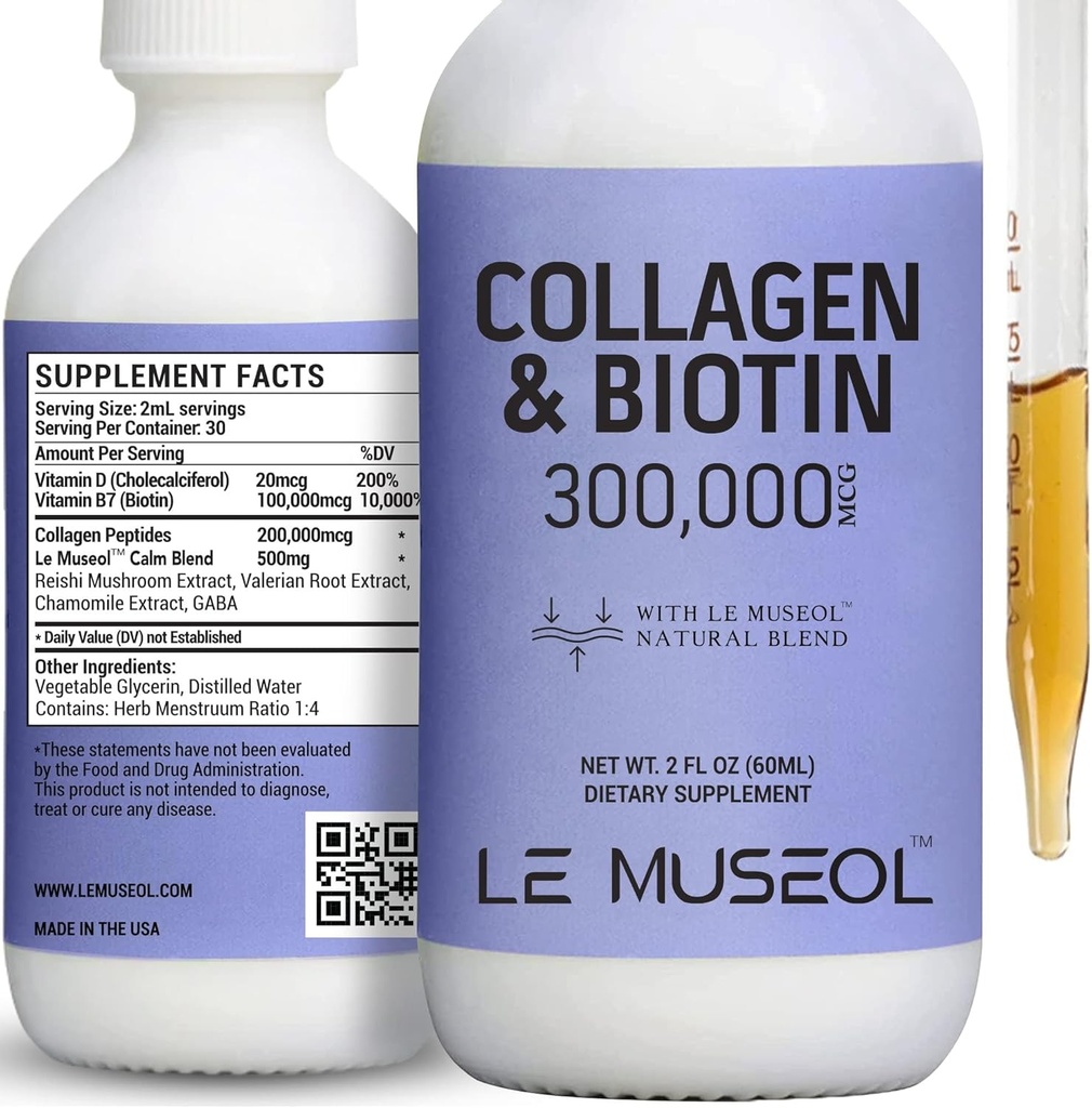 Liquid Collageen voor vrouwen, 300.000 mcg Liquid Biotin en Collageen Supplementen Drops for Hair, Nail Growth Glowing Skin - 60ml