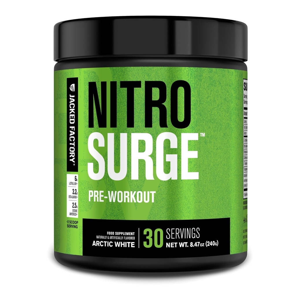 Jacked Factory NITROSURGE Pre-workout Supplement - eindeloze energie, instant kracht winsten, duidelijke focus, intense pompen - NO Booster en krachtige preworkout energiepoeder - 30 porties, Arctisch wit
