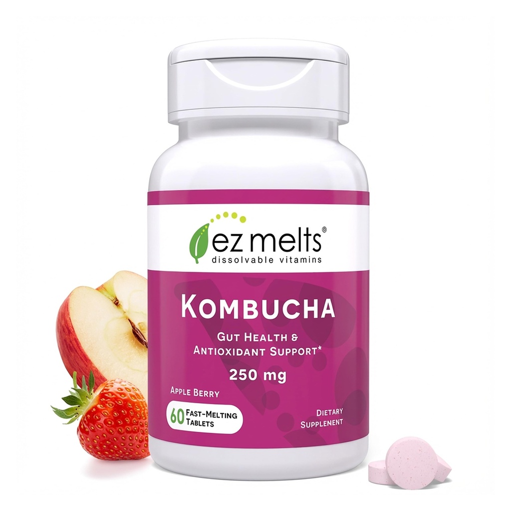 EZ Melts Oplosbare suikervrije Kombucha tabletten met SCOBY & Apple Cider Vinegar, Gut Health Supplements for Men & Women, Apple Berry Flavor, 2-maand levering - 1 Pack