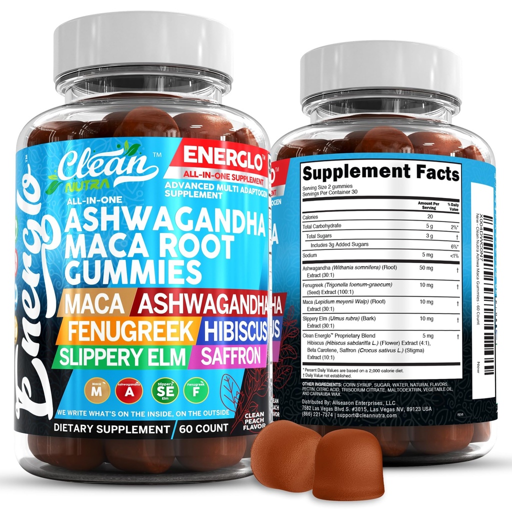 Ashwagandha Maca Root Gummies with Fenegriek Hibiscus Slippery Elm Saffron Extract & Beta Caroten 