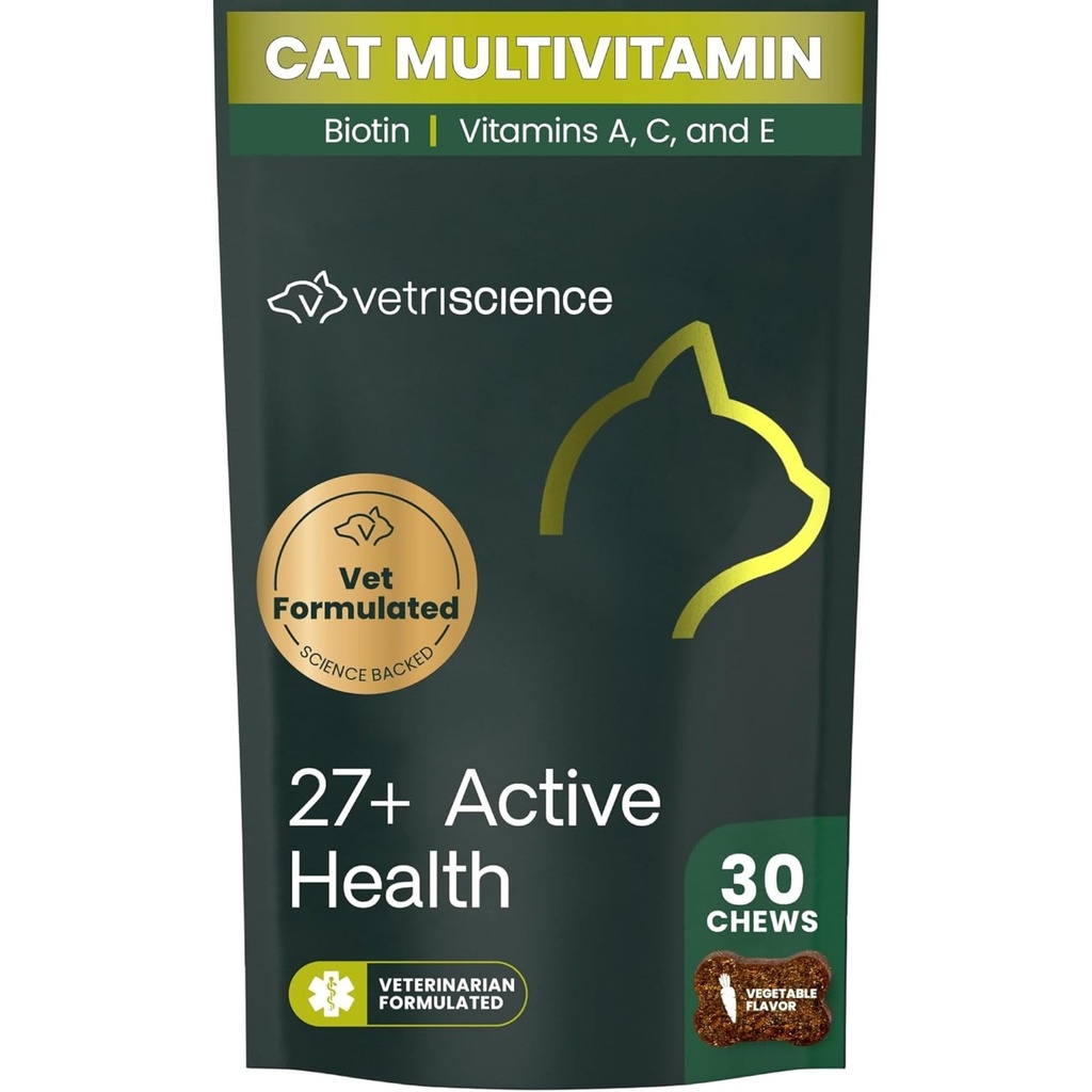 VetriScience 27+ Active Health Kauwen, Nu Cat Dagelijks Multivitamine voor Katten en Kittens, Balanced Vitaminen, Mineralen en Antioxidanten, Gezondheid en Wellness Ondersteuning, Vis, 30 Tellen