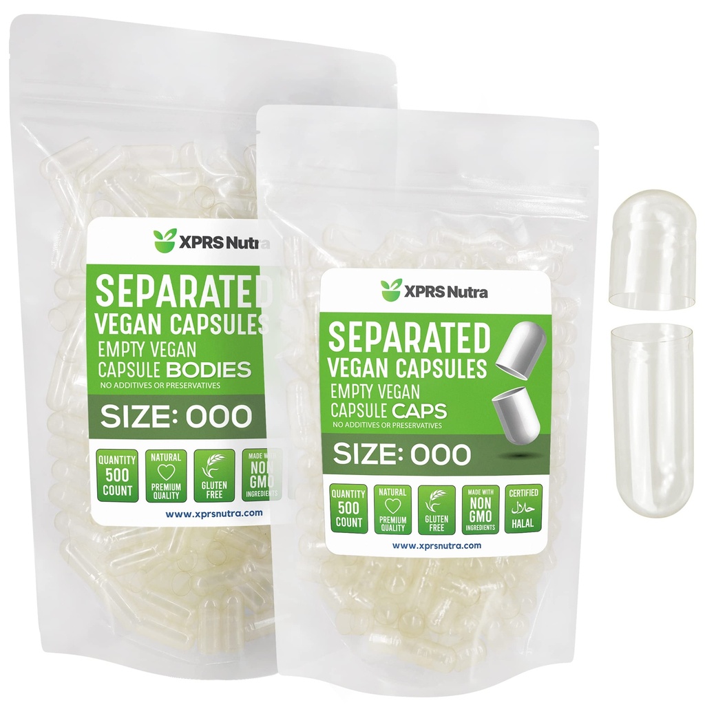 XPRS Nutra Vegan Grootte 000 Gescheiden Capsules- 500 Tel Premium Lege Caps Gescheiden in zakken - Heldere Lege Capsules - 000 Pillen voor DIY supplement vullen