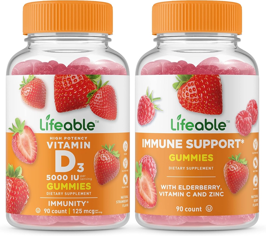 Vitamine vieable D 5000 UI + Immune Support, Gommies Bundle - Grand Dégustation, Supplément de vitamine, Sans gluten, Sans OGM, Gommy à croquer