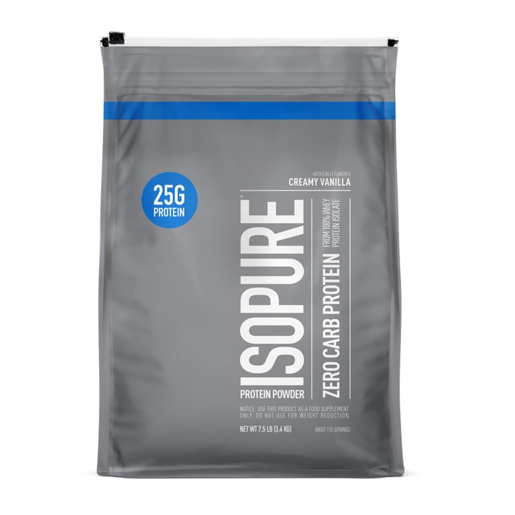 Isopure Zero Carb 100% Pure Whey Isolate Protéine Poudre, Sans lactose, Sans gluten, Avec des vitamines, Vanille crémeuse, 25g Protéines par portion, 7,5 Lbs, 110 portions (Packaging May Vary)