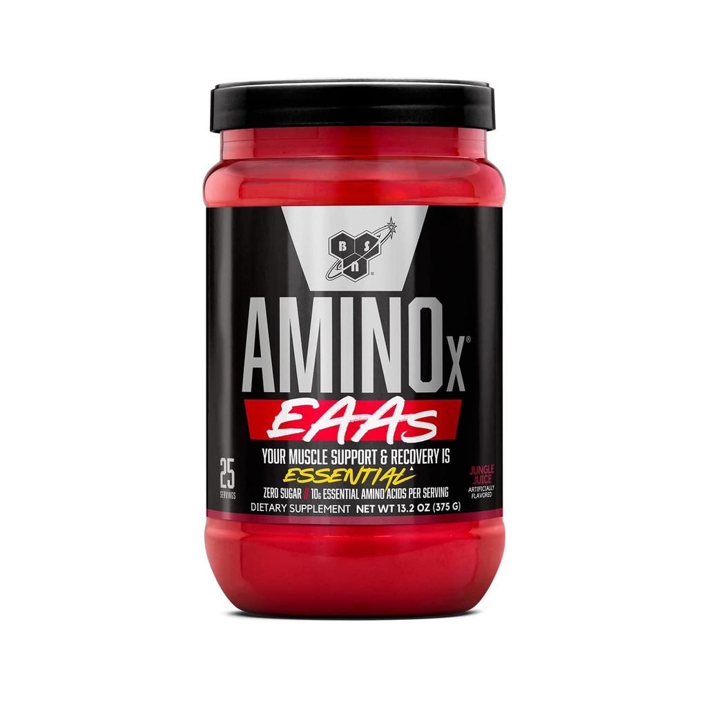 BSN Amino X EAAs, Muscle Recovery and Endurance, 10g Essential Amino Acids, 5g BCAAs, Zero Sugar, Cafeine Free, Jungle Juice, 13.2oz, 25 Servers