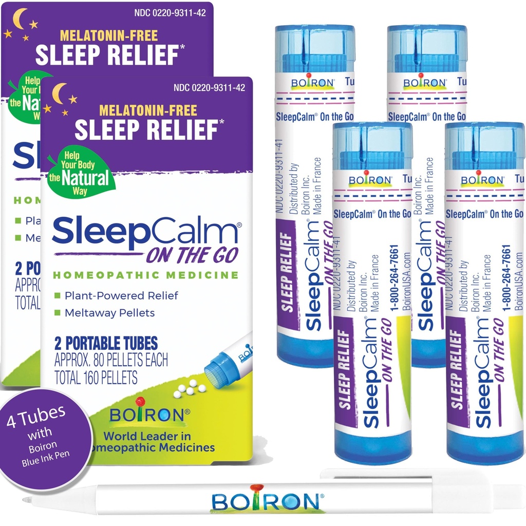 Boiron SleepCalm On The Go Slaaphulp voor diepe, ontspannende, rustgevende nachtrust - Melatonine-Free en Non Habit-Forming - 80 Tel per Buis - 4 Tubes met Blue Pen