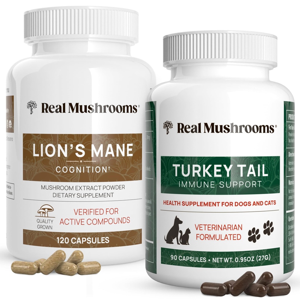 Real Paddestoelen Leeuwen Mane for Humans (120ct) & Turkey Tail for Pets (90ct) - Bundel for Cognition and Immunity - Vegan, Non-GMO, Grain-Free, Glutenvrije Paddestoelen Extract Capsules